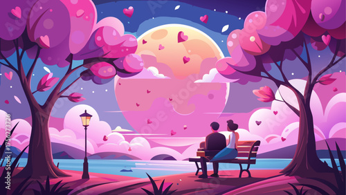 Couple sitting on bench under moonlight sky on transparent background silhouette