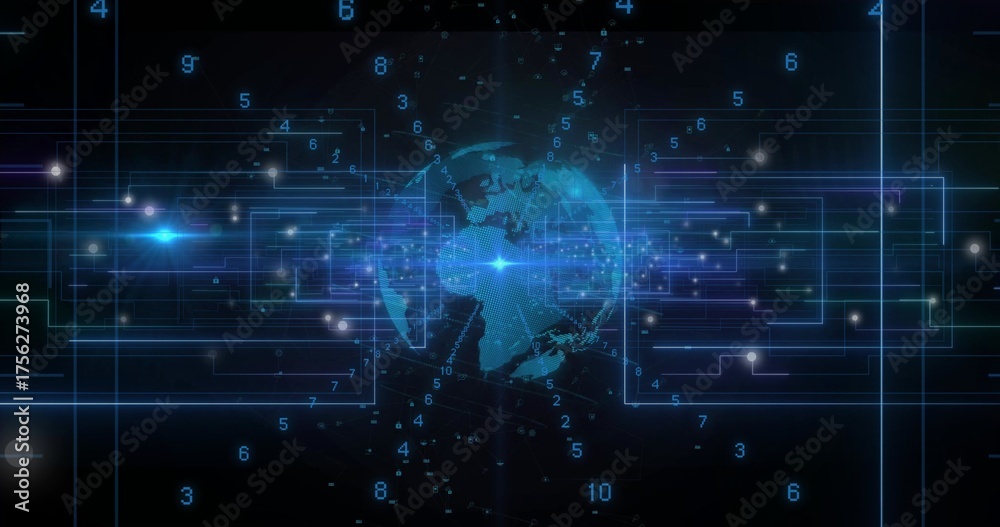 Fototapeta premium Pulsating wireframe Earth globe rotating within cyberspace, featuring neon circuitry, digits, nodes