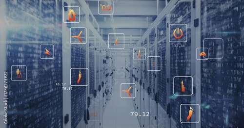Streaming binary code across long server racks corridor inside data center, displaying energy icons