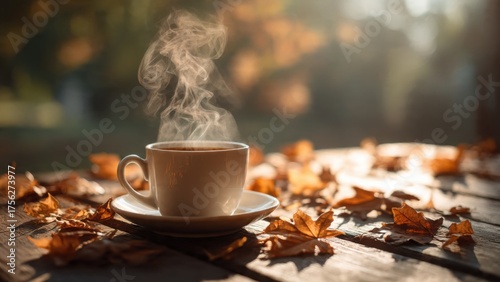 Warm coffee cup amidst autumn leaves outdoor setting lifestyle cozy atmosphere natural light comfort concept