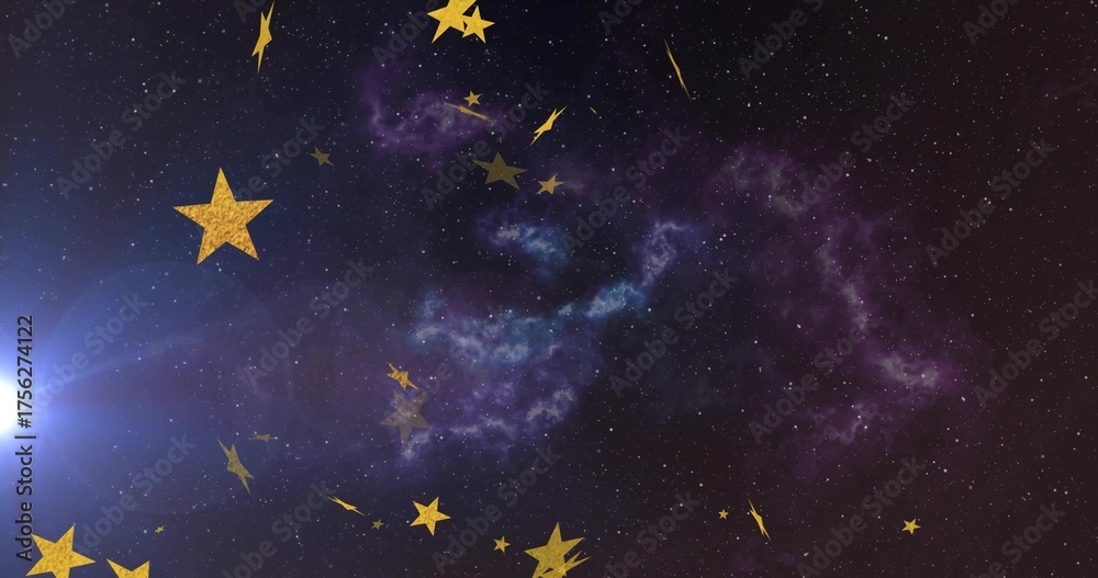 Fototapeta premium Swirling purple-blue nebula in space with golden stars, lightning accents, flare, white star points