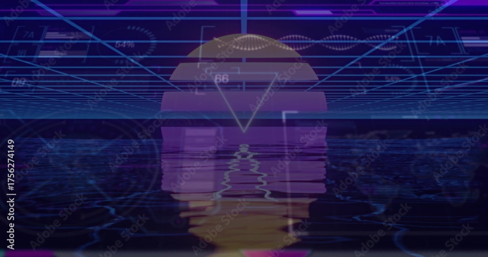 Fototapeta premium Glowing neon sun reflecting on glitchy water in futuristic space, with neon grid and UI elements