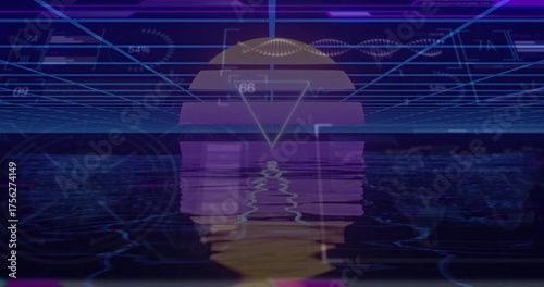 Glowing neon sun reflecting on glitchy water in futuristic space, with neon grid and UI elements