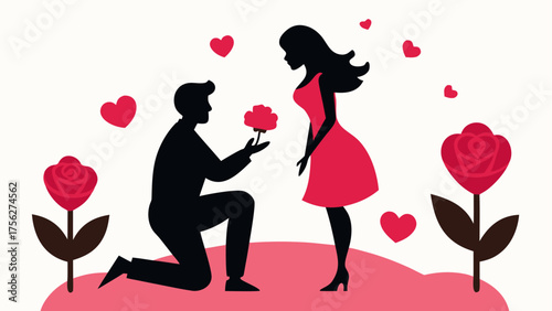 Man proposing to woman with a red rose on transparent background silhouette