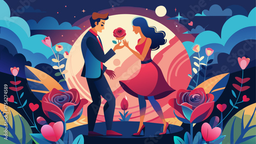 Man giving rose to woman in romantic scene on transparent background silhouette
