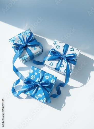 Three Hanukkah gifts wrapped in festive paper with blue ribbons. Jewish holiday celebration concept. Top view flat lay on a white background
