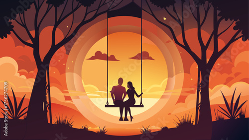 Couple silhouette on swing at sunset time on transparent background