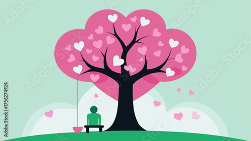 Person sitting under a heart filled tree on transparent background silhouette