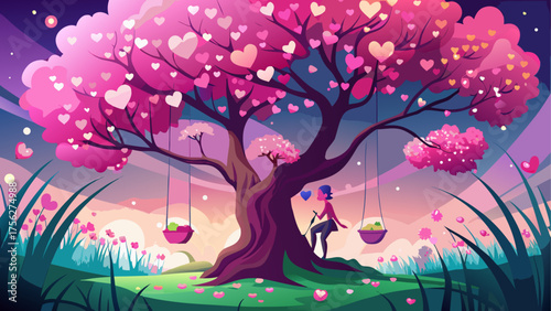 Romantic scene with heart tree and swings on transparent background silhouette