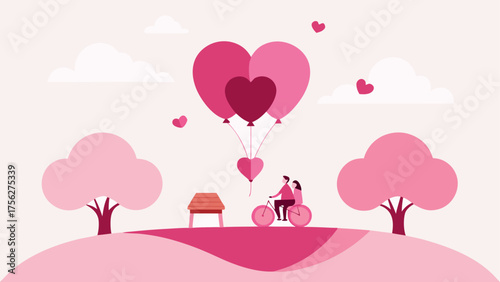 Couple riding bike with heart balloons art on transparent background silhouette