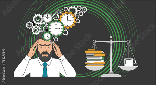 A man experiencing stress and depression, overwhelmed by work deadlines and responsibilities, struggles to balance tasks and maintain mental well-being in a challenging work environment.