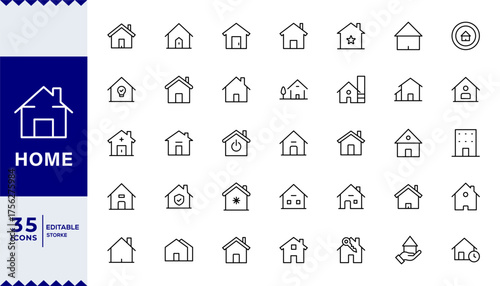 Pixel Perfect, Set of homes and house thin line icons. Contains icons as area, hand holding key, smart home, contact and support, apartments