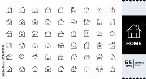 Pixel Perfect, Set of homes and house thin line icons. Contains icons as area, hand holding key, smart home, contact and support, apartments