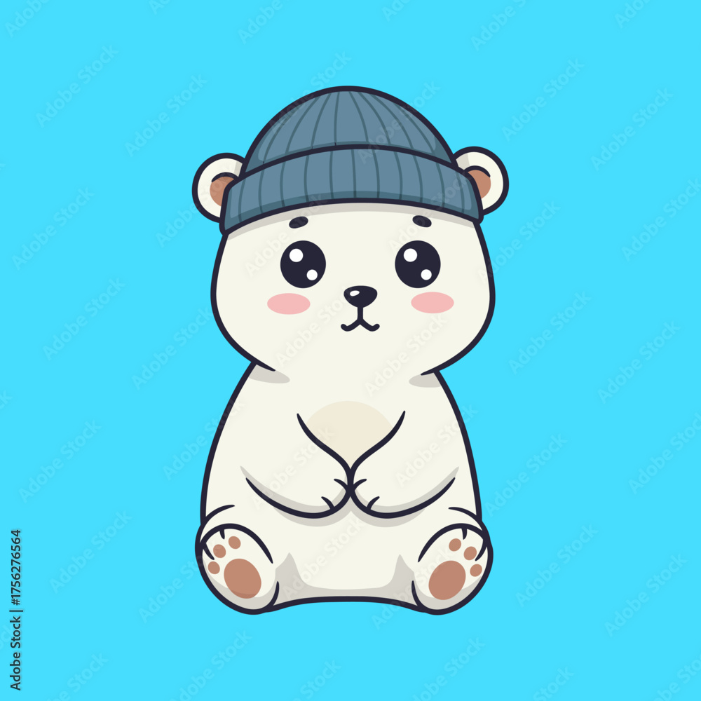 Fototapeta premium Cute Cartoon Polar Bear Wearing Beanie Hat Adorable Illustration.