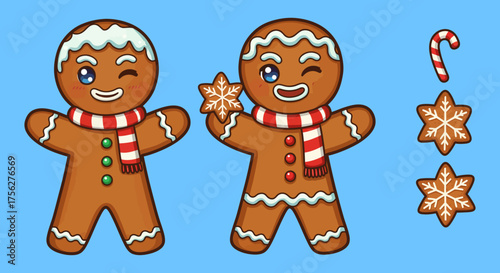 Two cheerful gingerbread men with festive scarves and snowflake cookies.