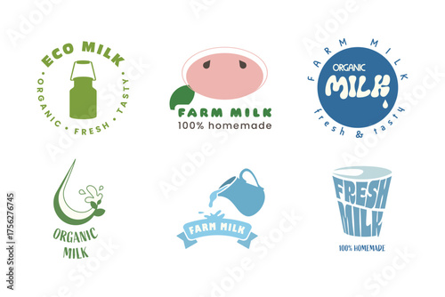 Infographics focus on environmental conservation in dairy farming. They showcase logos representing fresh, organic milk from local farms, emphasizing eco-friendly and homemade practices.