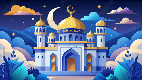 Illustration of a mosque at night time on transparent background