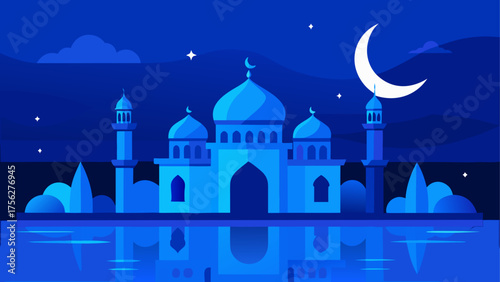 Blue mosque with crescent moon at night sky on transparent background