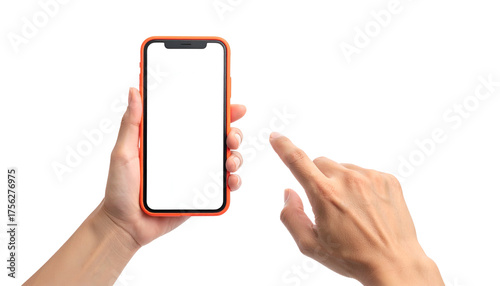 Human hands holding a smartphone with a blank screen, one finger touching it