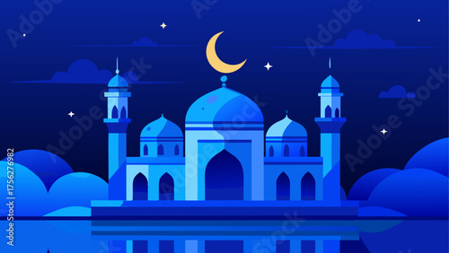 Blue mosque with crescent moon and stars on transparent background