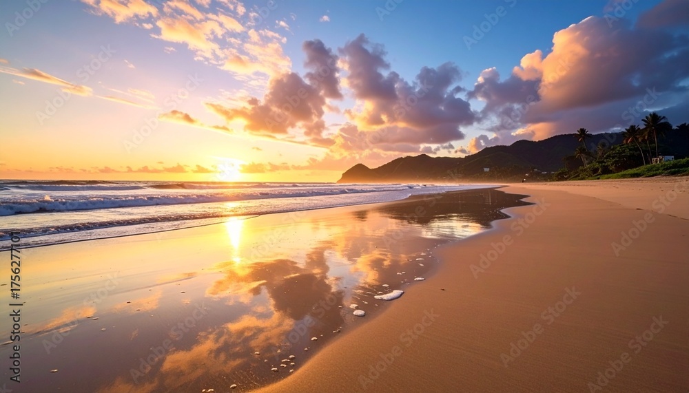 Fototapeta premium 波打ち際の浜辺の海水に反射する夕焼け空 南国のビーチ 絶景