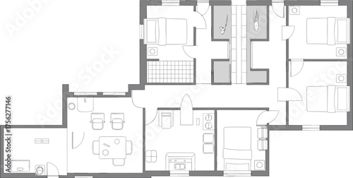 Residential house floor plan, three-bedroom layout blueprint, interior space design, vector CAD drawing, flat illustration, modern home concept