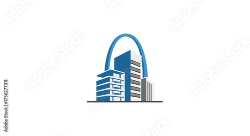 Modern Cityscape Logo with Arch and Skyscrapers.