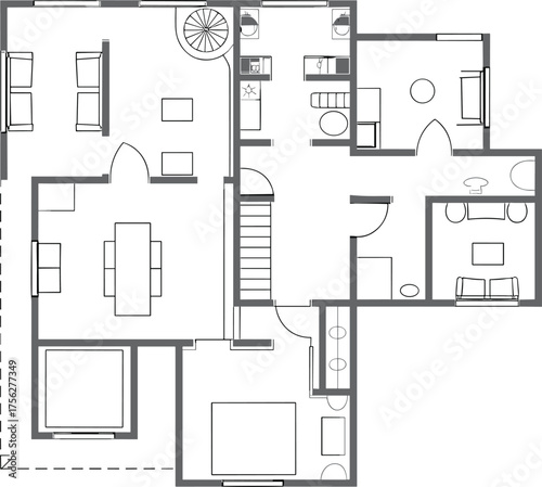 Residential floor plan, home interior layout, architectural blueprint drawing, vector CAD illustration, flat house design, modern living space arrangement