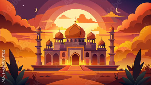 Illustration of a mosque at sunset time on transparent background