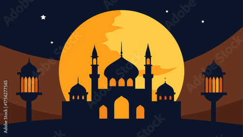 Silhouette of mosque with moon and stars on transparent background