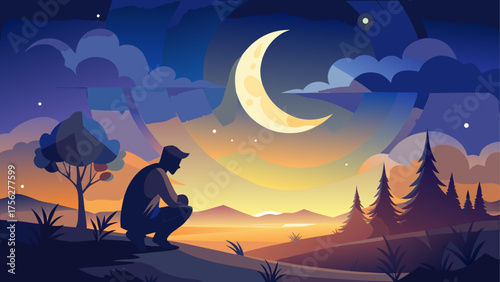 Man sitting under the moonlit night sky on transparent background