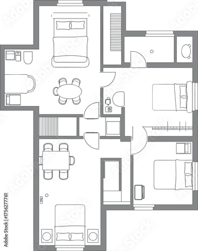 Three-bedroom apartment floor plan, residential layout blueprint, interior space design, vector CAD drawing, flat illustration, modern home concept