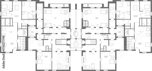 Two unit residential floor plan, mirrored apartment layout, architectural blueprint, CAD drawing, flat vector illustration, modern housing design