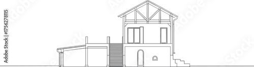 Two story building section drawing, architectural cutaway view, exterior staircase layout, CAD drawing, flat vector illustration, structural blueprint