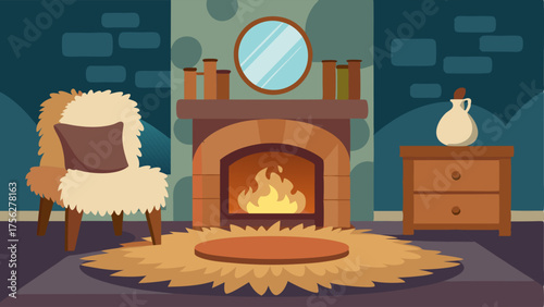 A cozy sitting area with a plush fur rug and a stone fireplace.