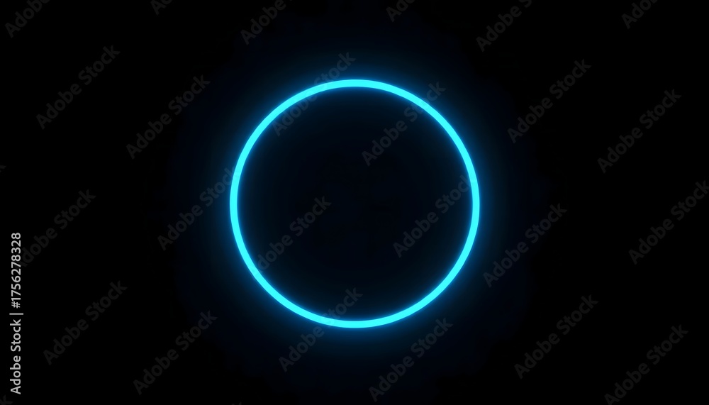 Obraz premium A bright blue neon ring glows against a stark black background