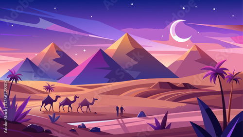 Camels and pyramids under a moonlit sky on transparent background