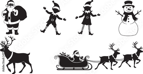 vector silhouettes of dancing girls and boy, Santa, deer, snowman