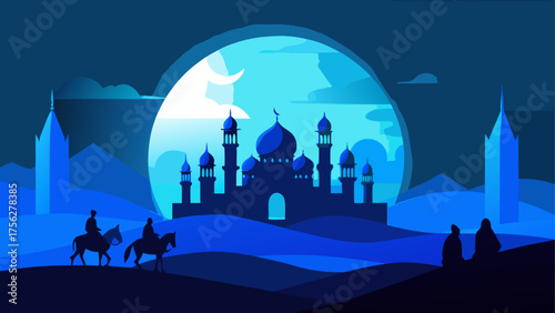 Night scene with mosque and horse riders on transparent background