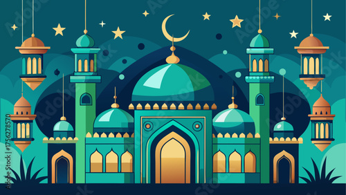Illustration of a mosque with lanterns on transparent background