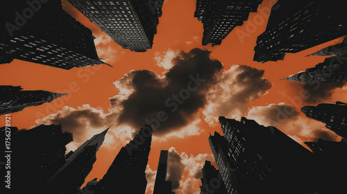 Orange sky clouds real scene changes atmosphere dramatic city skyline with towering skyscraper silhouettes