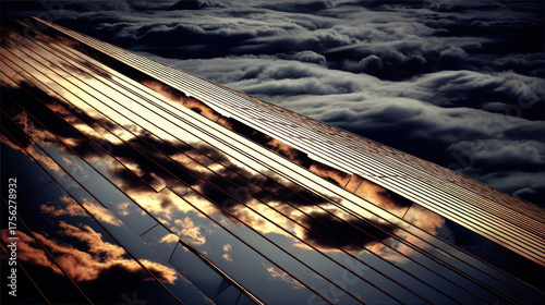 Golden clouds sky real scene changes atmosphere reflecting on glass facade in dramatic sunset light creating moody urban composition