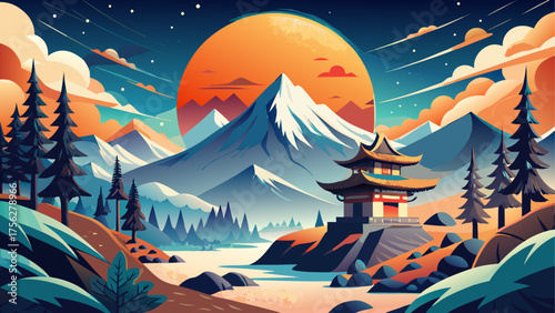 Asian temple landscape with rising sun set on transparent background