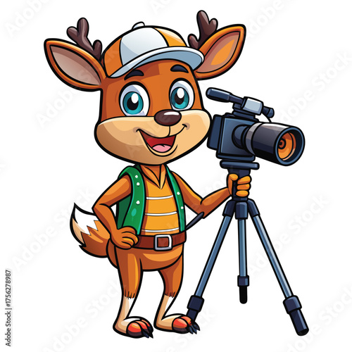 A deer photographer holding a camera tripod, standing calmly with a focused and professional look.