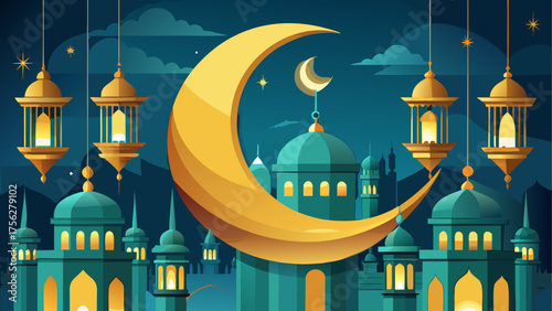 Ramadan illustration with moon and mosque on transparent background