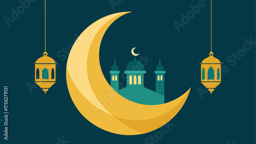 Crescent moon with mosque and two lanterns on transparent background