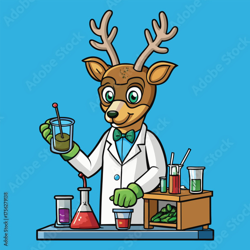 A deer scientist mixing chemicals carefully, wearing a lab coat with a focused and intelligent expression.