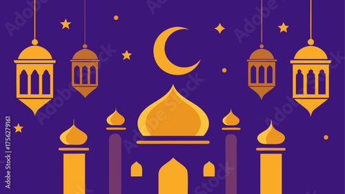 Illustration of a mosque with lanterns on transparent background