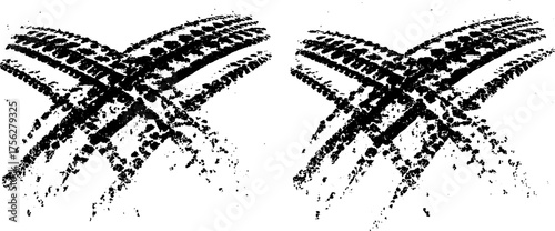 Tire tread marks, Automotive tire tread and skid mark texture background with black wheel track grunge vector design