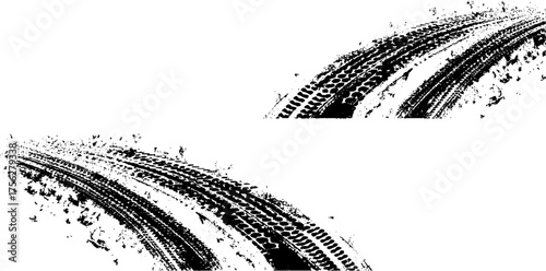 Set of Vector black and white tire track and skid mark texture background for automotive and transport design 